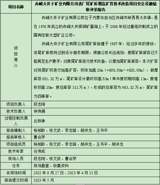 赤峰大井子礦業(yè)有限公司選廠尾礦庫增高擴(kuò)容技術(shù)改造項目安全設(shè)施驗收評價報告